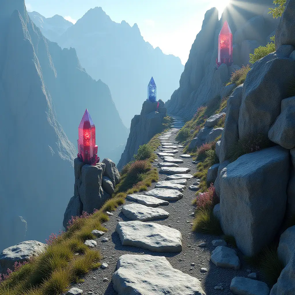 Steep-Mountain-Trail-with-Glowing-Crystals-and-Dramatic-Landscape