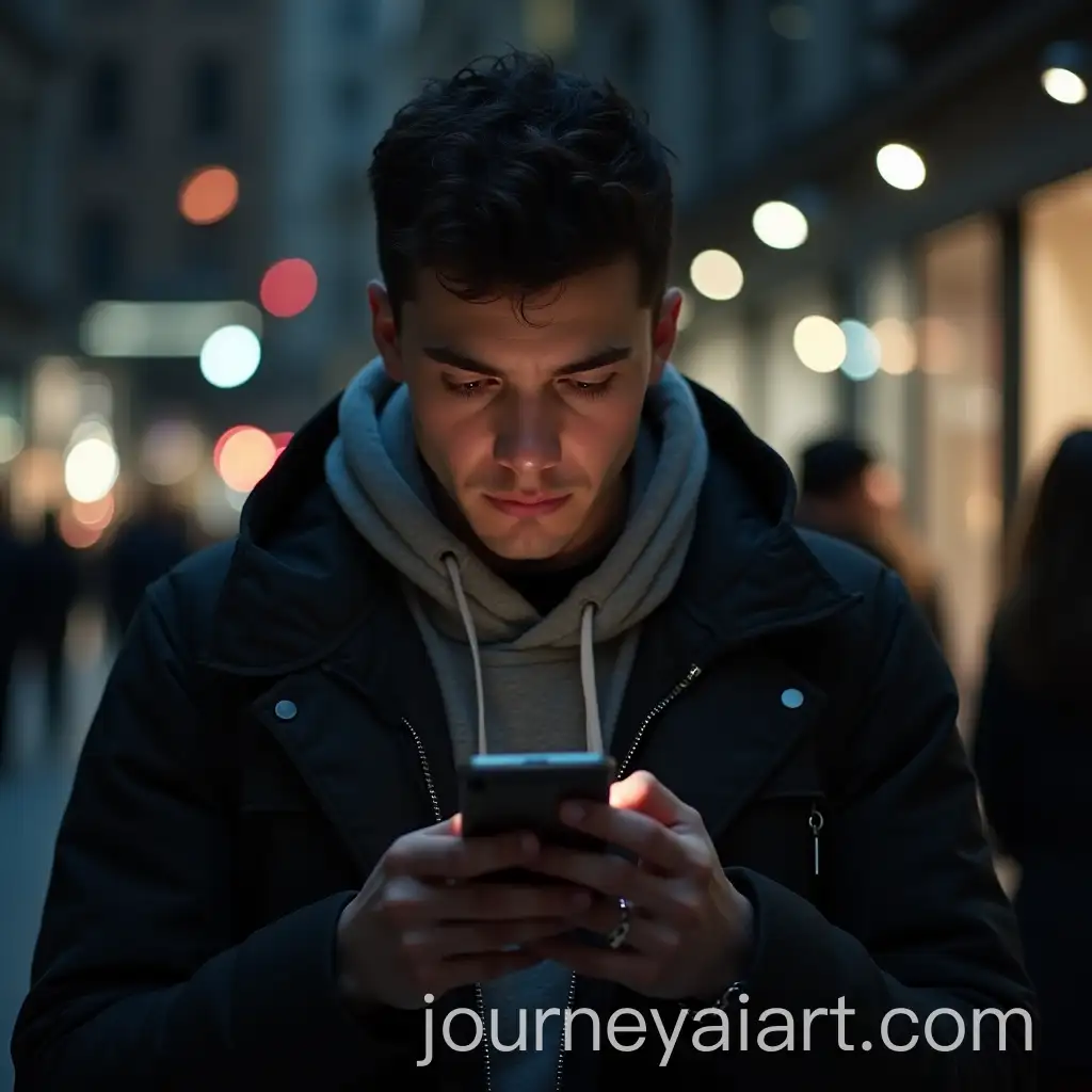 Young-Man-Shopping-Online-with-Focused-Expression-in-Dark-Ambient-Lighting