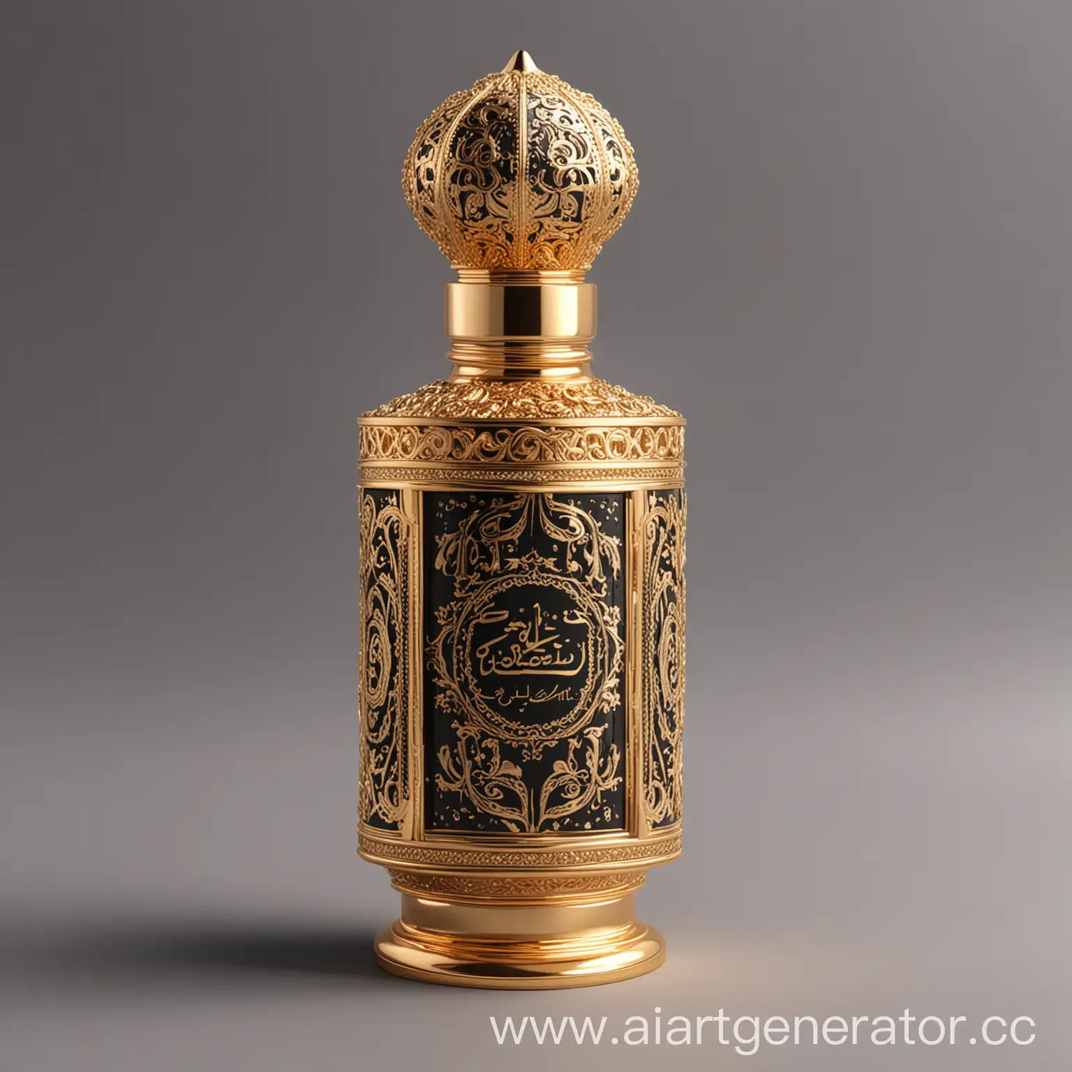 Luxury-Perfume-Bottle-with-Arabic-Calligraphy-and-Ornate-DoubleHeight-Cap