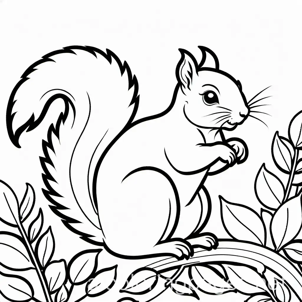 squirrel , Coloring Page, black and white, line art, white background, Simplicity, Ample White Space. The background of the coloring page is plain white to make it easy for young children to color within the lines. The outlines of all the subjects are easy to distinguish, making it simple for kids to color without too much difficulty