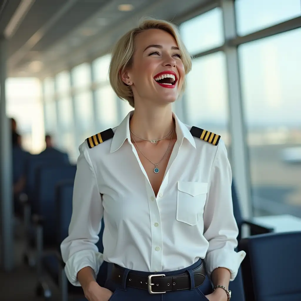 white norvegian pilot lady, in white deep-necked pilot shirt, laughing with her mouth open, red lipstick accentuating her smile,belt on waist, big wide hips, chest are fully grown, jewerly, short hair, HD, enjoying at airport , photo-realism