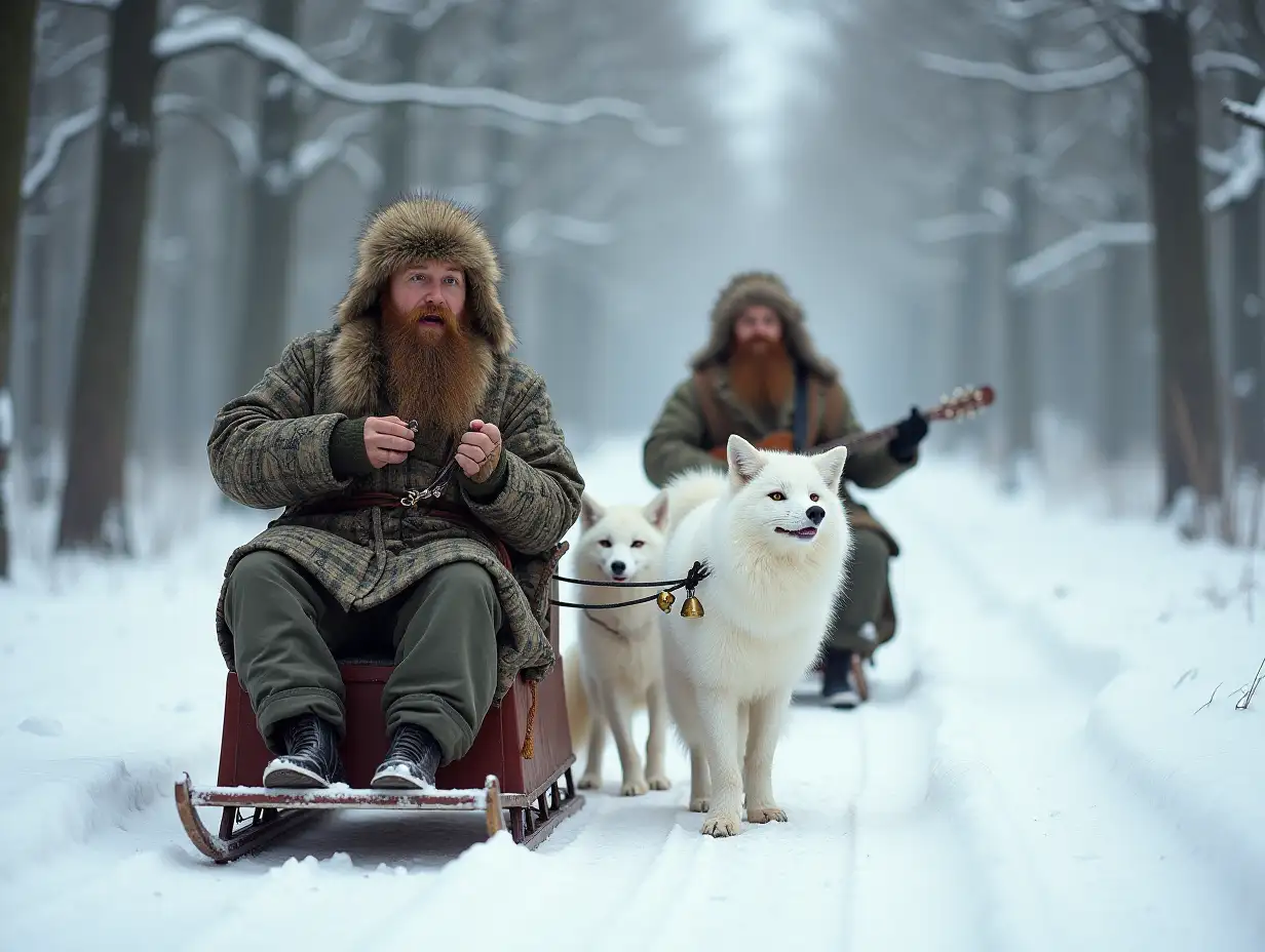 Background - a snowy winter forest. Along the road are sleds drawn by three large white foxes in the manner of a Russian troika. The foxes are decorated with bells and belllets. In the sleds sit three bearded Russian peasants dressed in camouflage coats, fur hats, and valenki, all singing. One peasant plays the harmonica, another on the balalaika, and the third whips a knout.