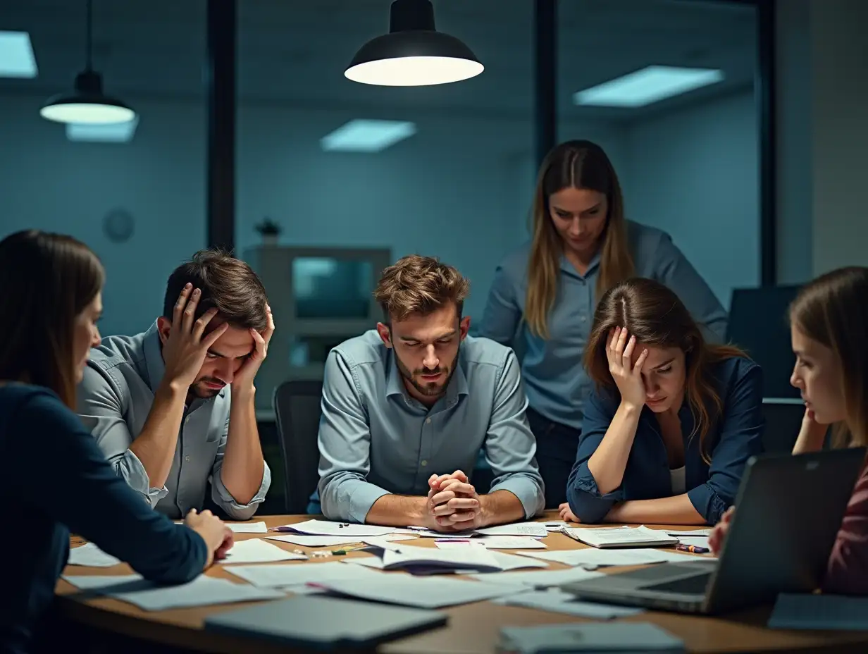 A high-quality, detailed image showing a team of diverse people in a modern office environment, looking tired, frustrated, and overwhelmed. They are surrounded by cluttered desks, scattered papers, and outdated technology, symbolizing inefficiency and lack of progress. In the corner of the image, there is a small, flat graph (e.g., a line graph or bar chart) with no upward movement, representing stagnation and lack of growth. The team members are shown struggling to collaborate, with some holding their heads in frustration, others staring at broken screens, and a few exchanging worried glances. The atmosphere is tense and disorganized, with dim lighting and a lack of energy. The overall mood conveys the challenges of working without proper tools or support, highlighting the need for change and improvement