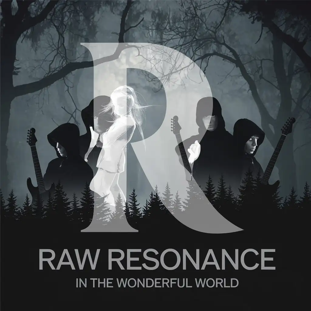 LOGO Design for Raw Resonance In The Wonderful World Photorealistic Dark Forest with Hooded Figures and Electric Guitars