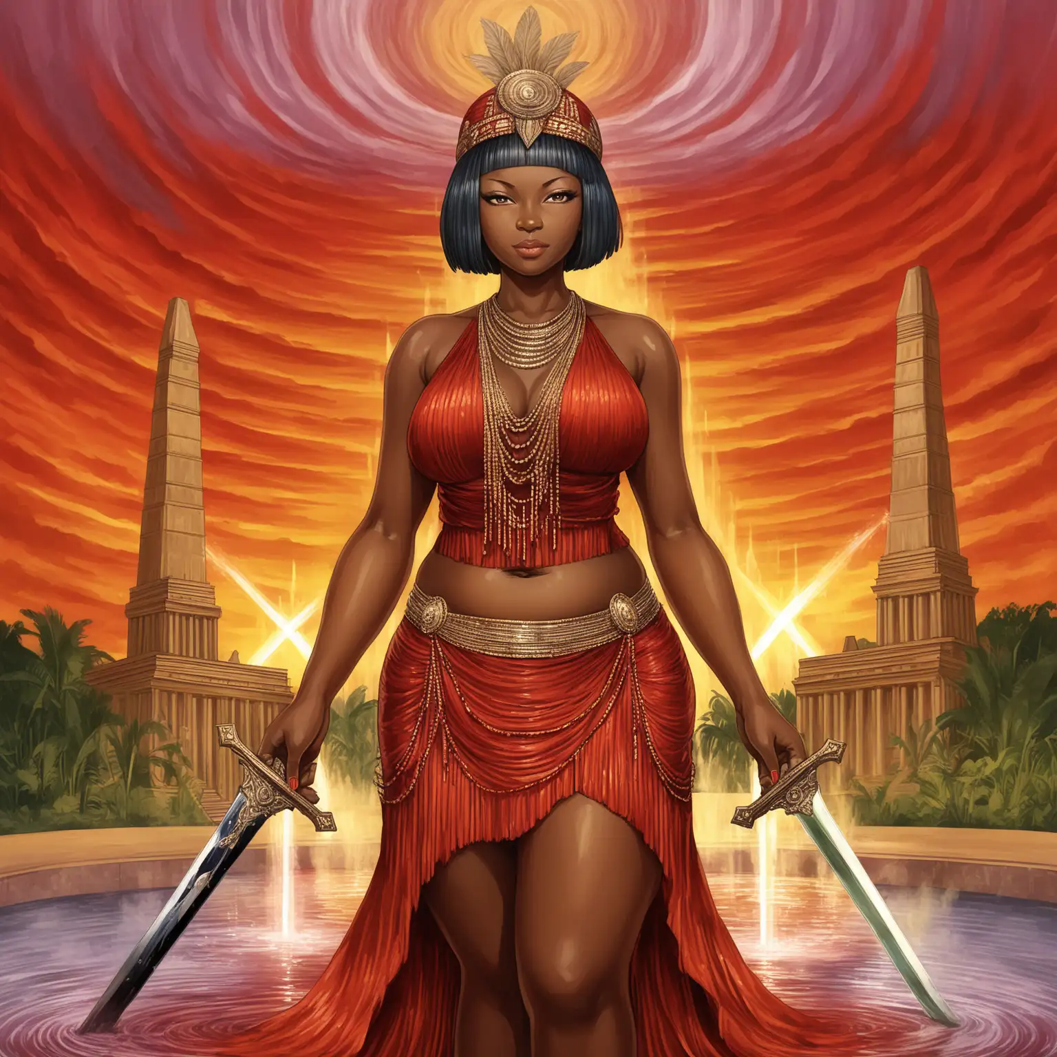 Curvy Bariba Woman in Crimson Dawn with Divine Blade