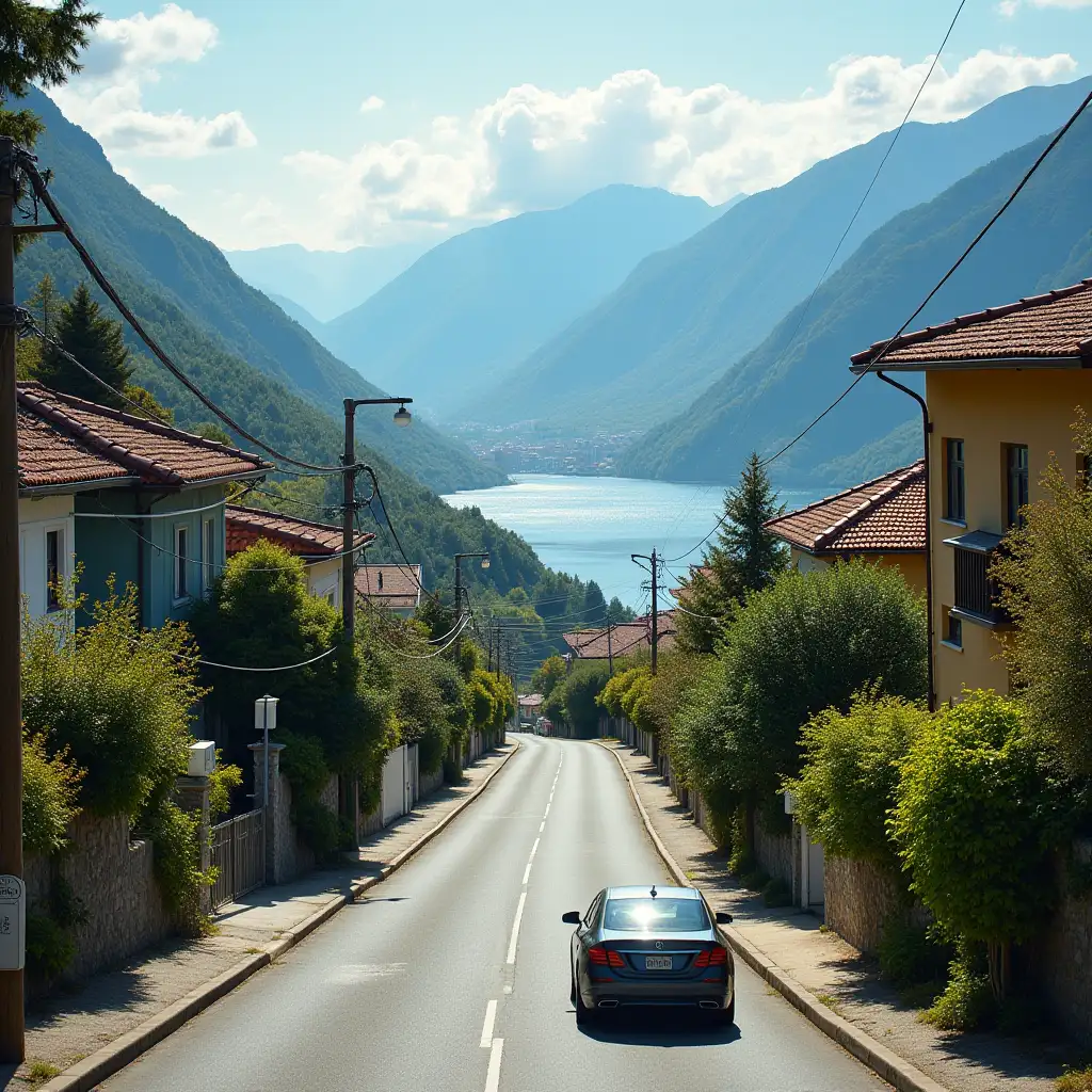 Long street car drives down hill left and right houses,plants,trees,a valley,in the distance a lake and behind it large mountains