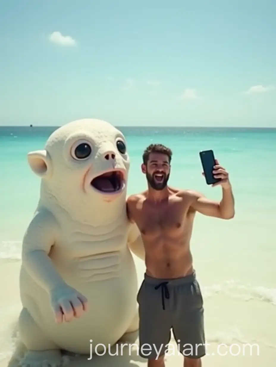 Excited-Man-Posing-with-Mysterious-Sea-Creature-on-Beach