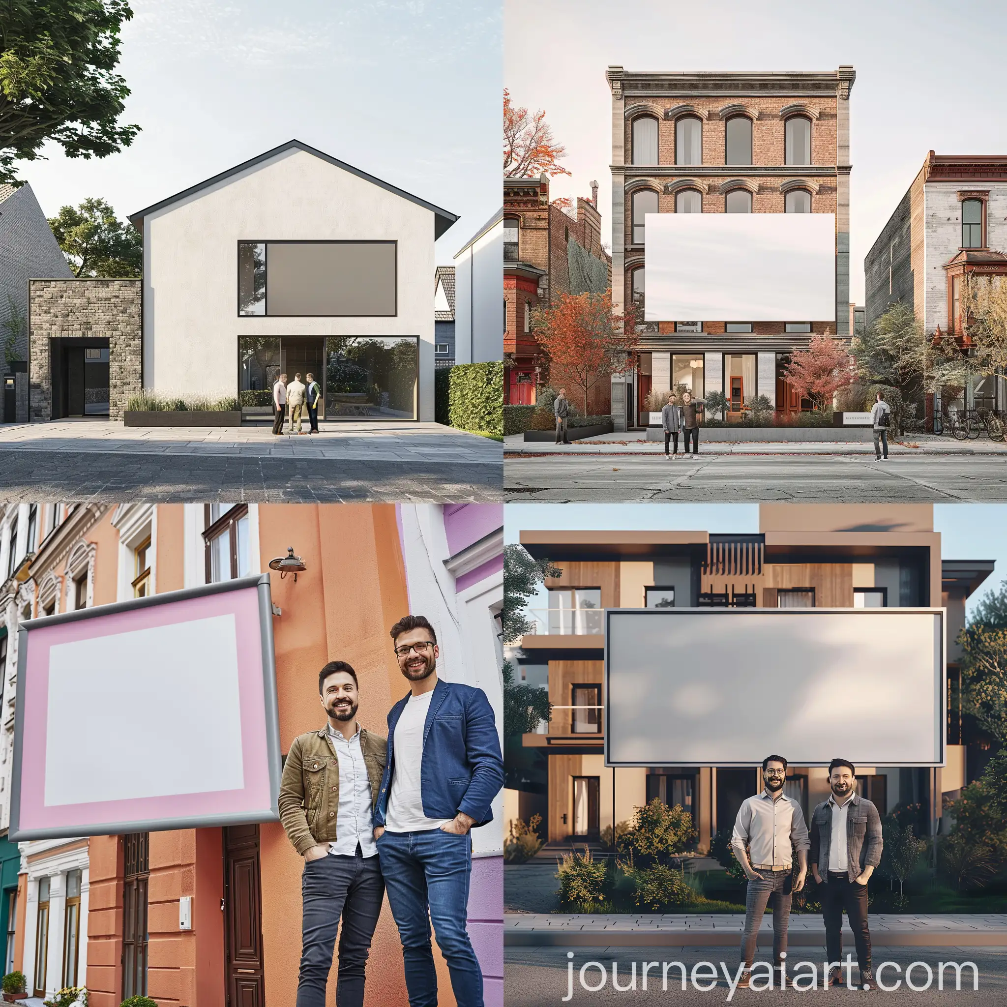 Two-Architects-Smiling-in-Front-of-Two-Houses-with-Empty-Sign