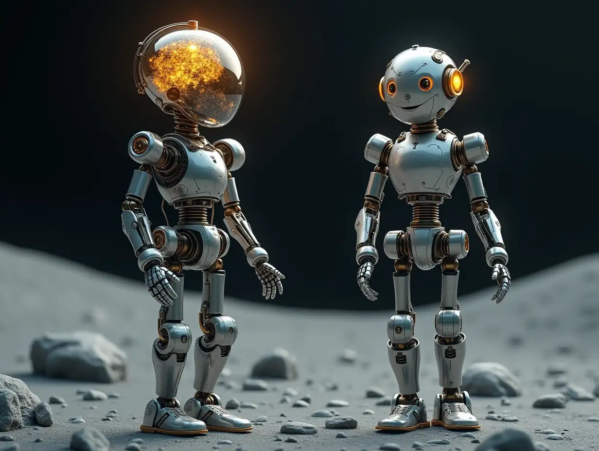 Create a high-resolution, realistic image of artificial intelligence Robert, two meters and a robot one meter high, with gears on arms and legs, gears on cheeks and a glass head with a golden plating brain, screws with many gears, on the moon at 4k resolution with rocks