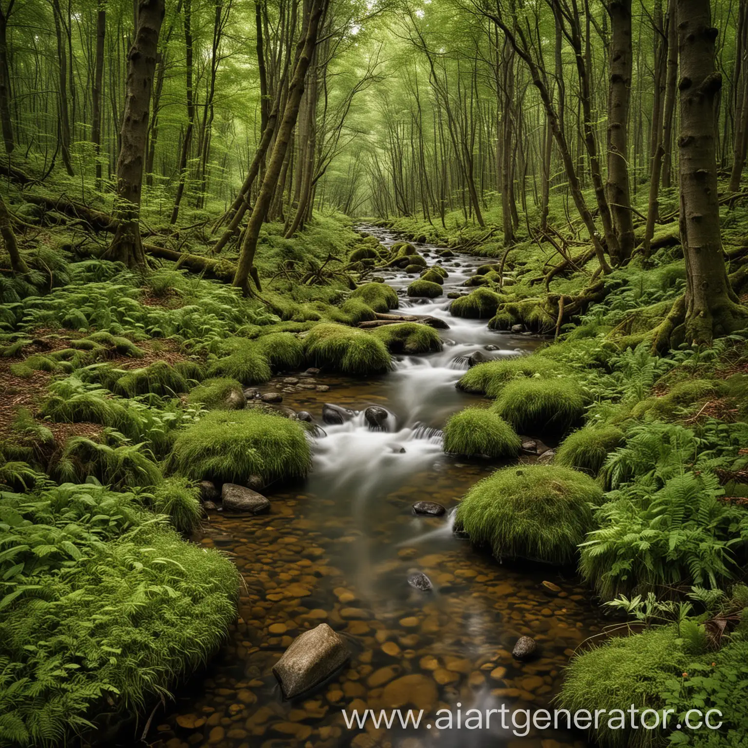 Tranquil-Forest-Stream-Surrounded-by-Lush-Greenery