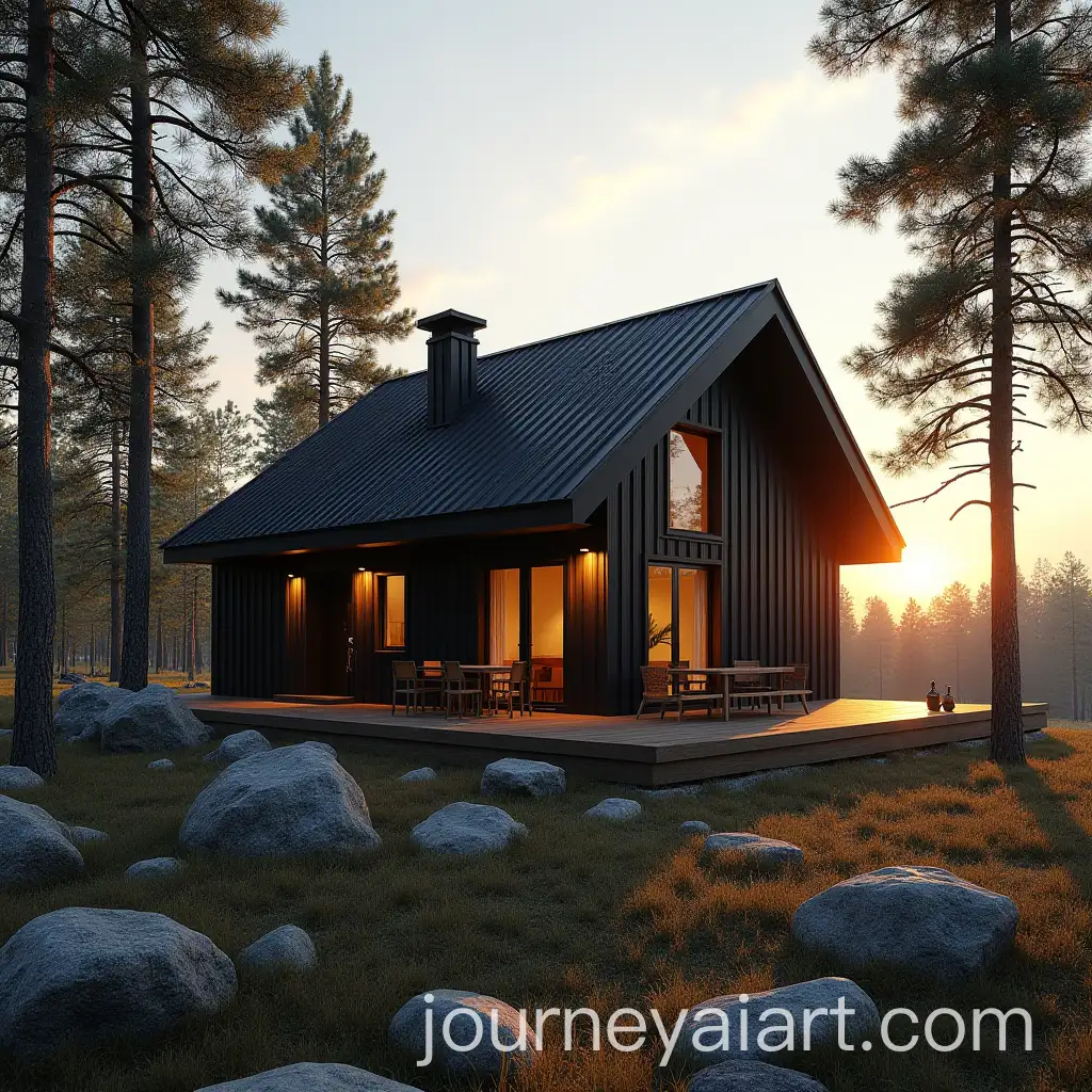 Modern-Wooden-House-Surrounded-by-Pine-Trees-at-Sunset