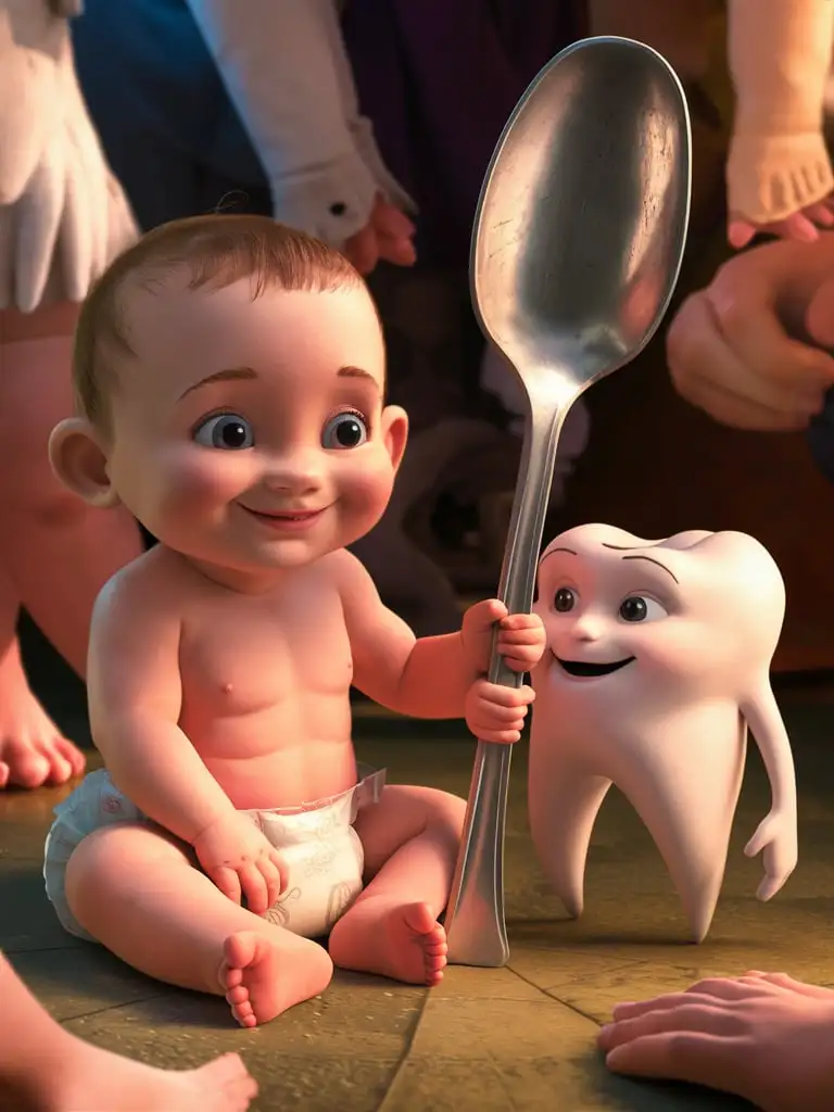 Smiling-Baby-with-Animated-Tooth-and-Silver-Spoon