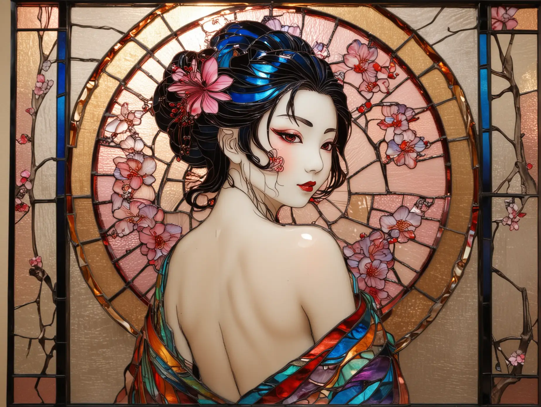 Bright iridescent Stained glass art of beautiful nude geisha. 