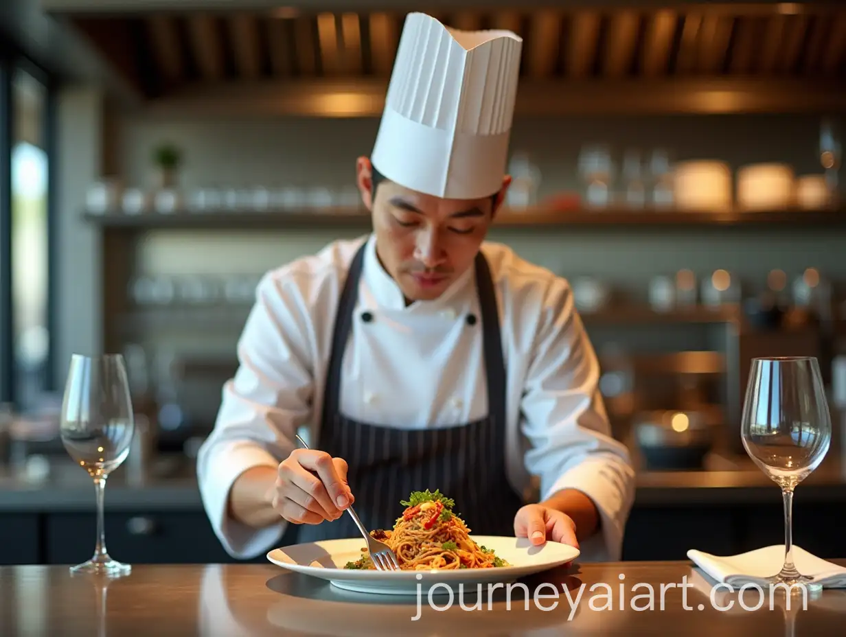 Thai-Chef-Plating-Gourmet-Dish-in-HighEnd-European-Restaurant-Kitchen