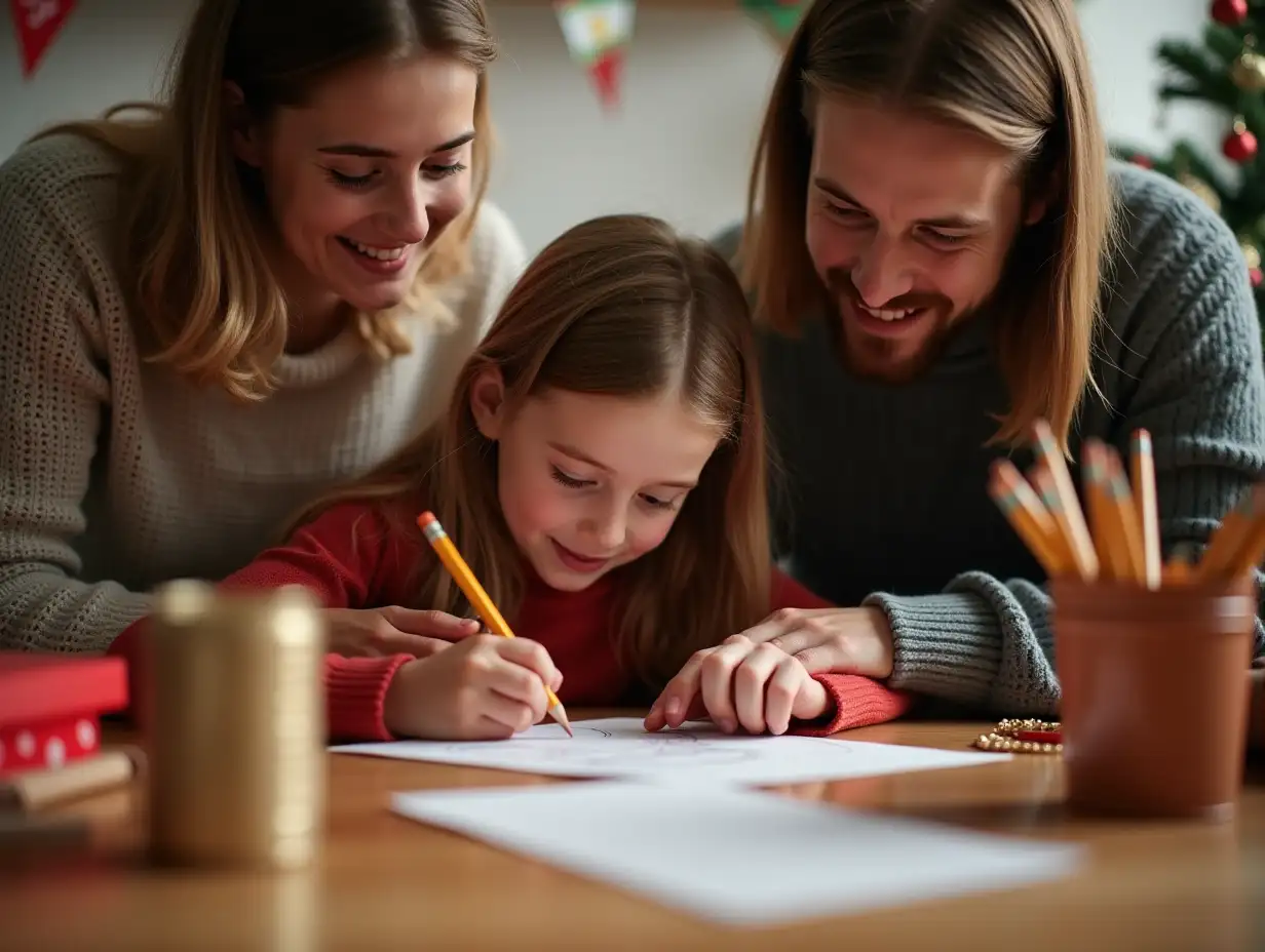 On Christmas Day, at home, a 10-year-old girl sits at a table drawing with a pencil, while her parents sit beside her smiling and accompanying her. There are some pencil boxes, paper, and a pencil bucket on the table, delicate and festive. The Christmas atmosphere includes a Christmas flag and a Christmas tree,