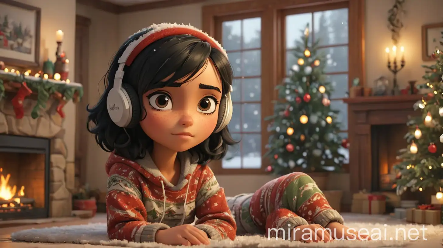 Cozy Christmas Scene of a Girl Listening to Music by the Fireplace