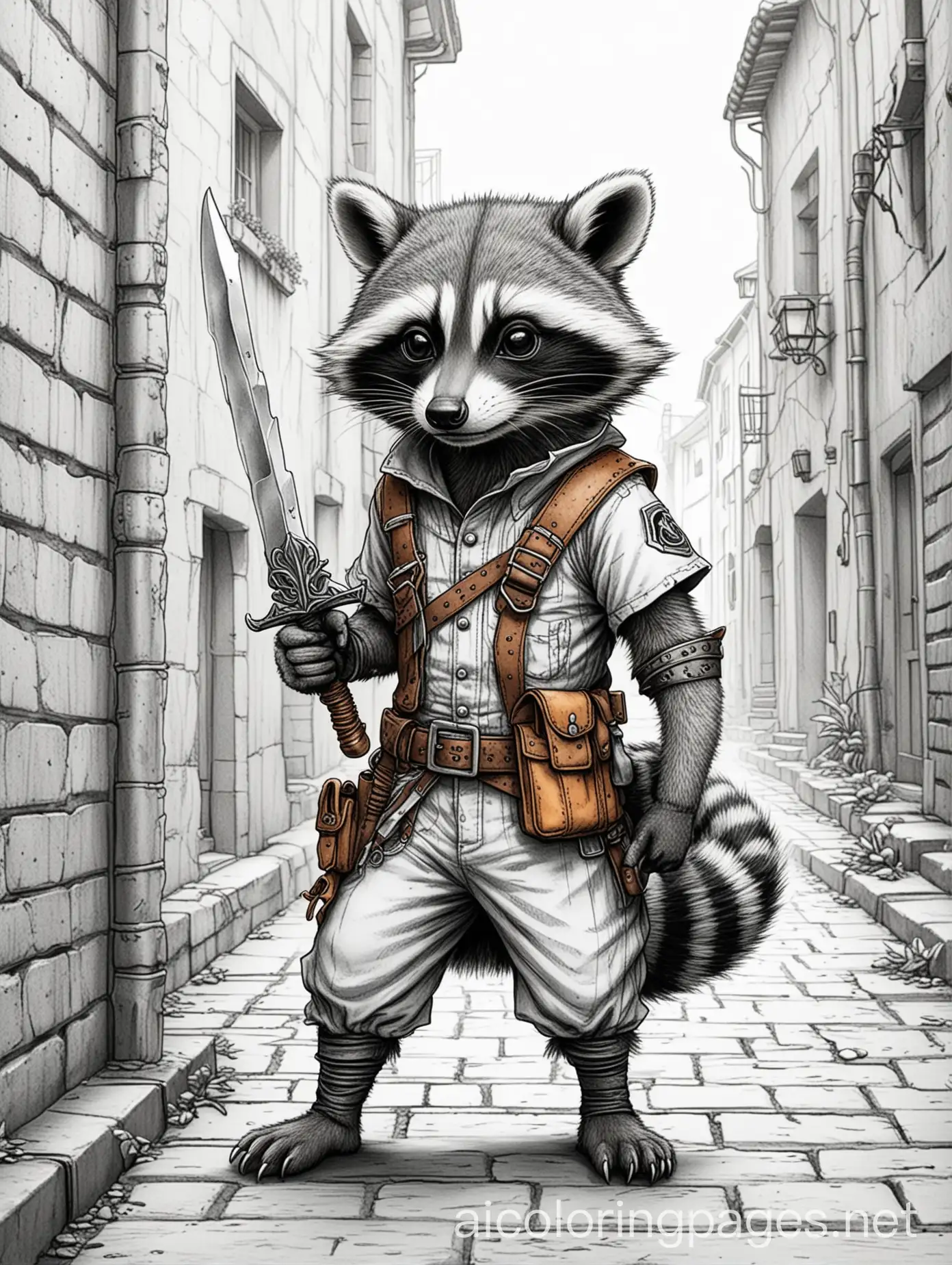 Fantasy-Raccoon-Sneaking-with-a-Dagger-in-a-City-Alleyway