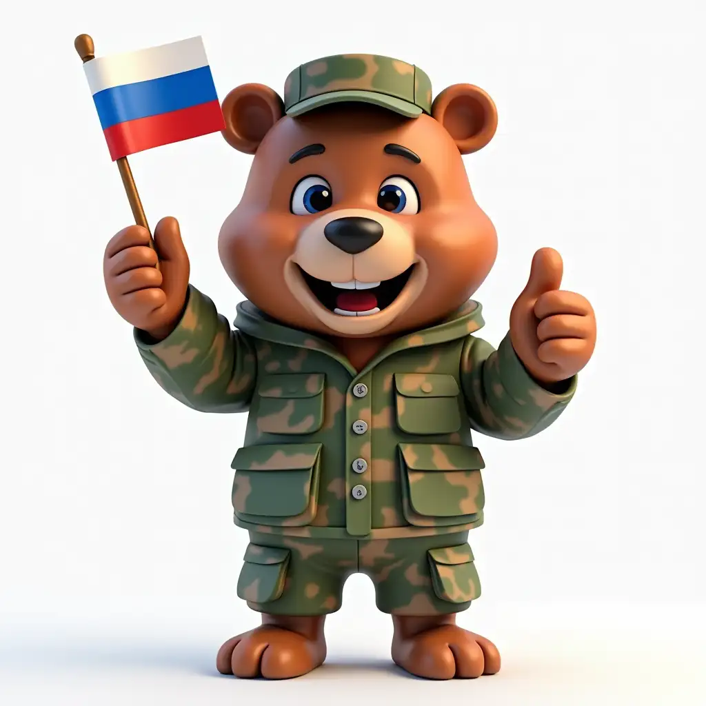 cartoon bear is smiling, wearing a camouflage suit, holding Russia's flag in one hand and raising the thumb in the other, 3d