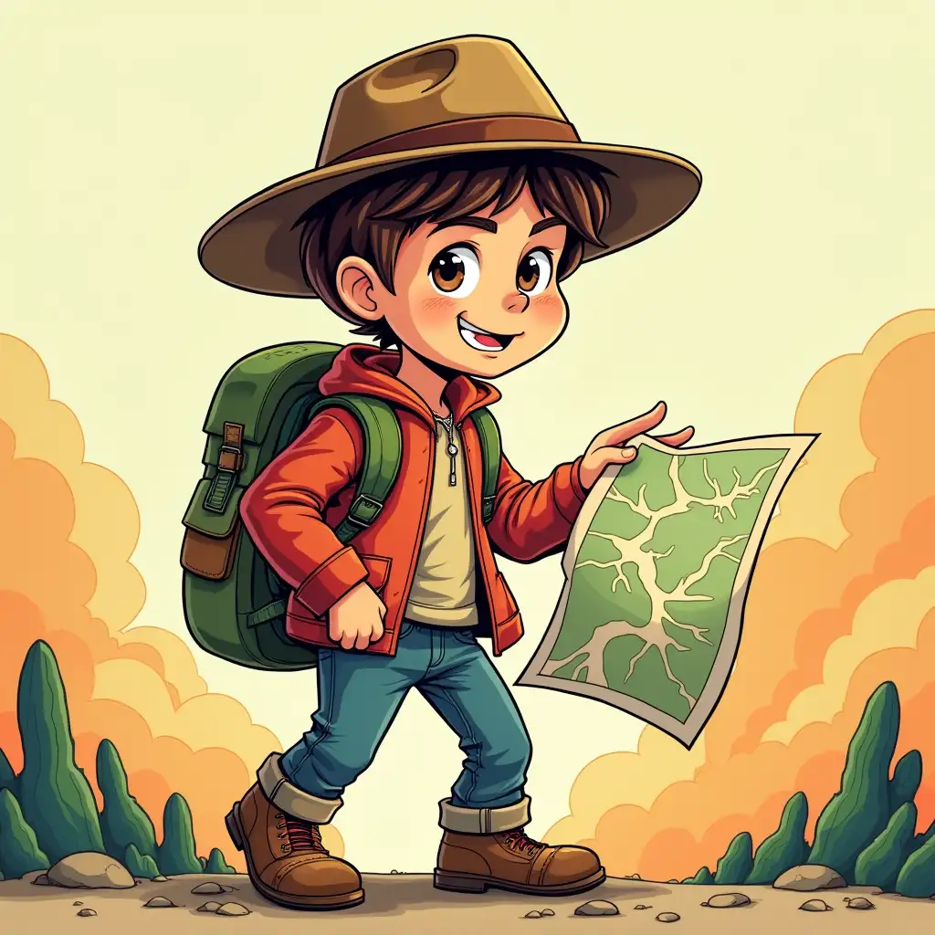 (cartoon character), (holding a map), (wearing a hat), (backpack slung over shoulder), vibrant colors, dynamic pose, bold outlines, eye-catching details, playful atmosphere, temporary art style, comic cover art, poster art, reminiscent of Adam Rex's iconic style, adventurous backdrop, high-quality illustration, perfect for a comic book cover.