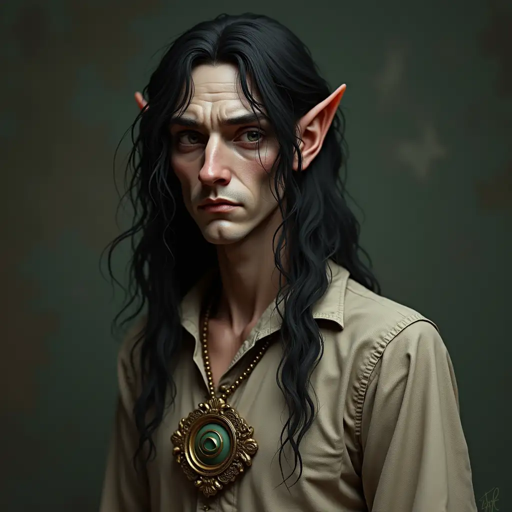 rendering, photo portrait, 75 mm, 3d, photorealism, The herbalist druid man was slender and thin, with a pale face and dark, almost black, hair hanging down on his forehead, he was dressed in simple peasant clothes - a worn shirt, an interesting symbol of a medal hung around his neck