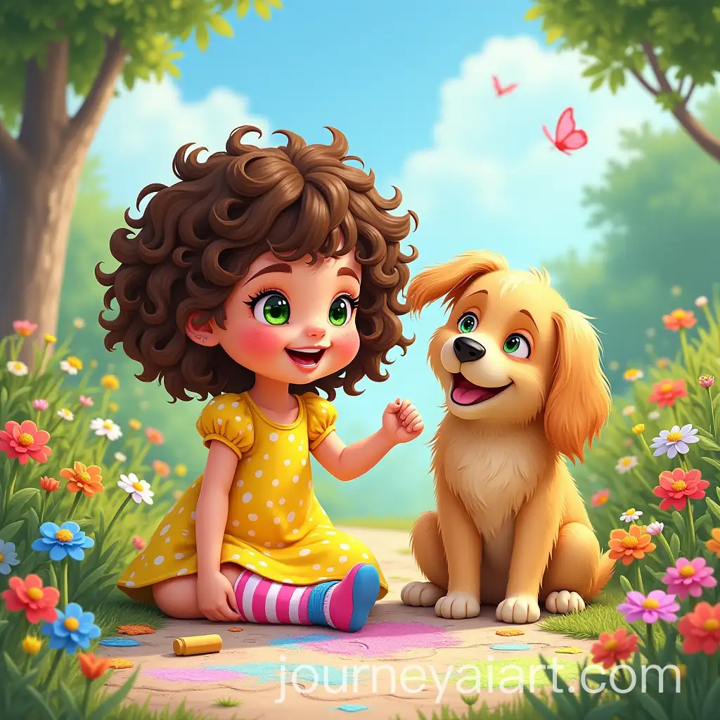 Playful-Garden-Scene-with-Child-and-Dog-Creating-Chalk-Art