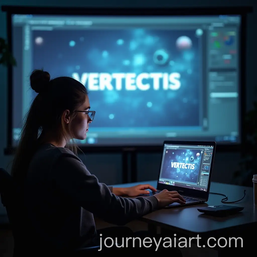 Man-Working-on-Laptop-with-VERTECTIS-Displayed-on-Poster-and-Screen