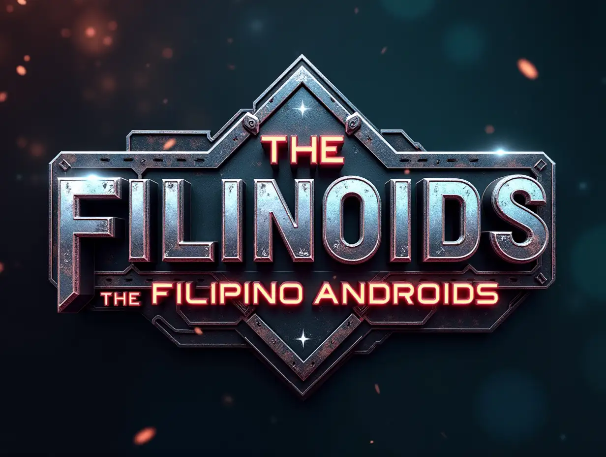 generate a title THE FILINOIDS with subtitle below it THE FILIPINO ANDROIDS with fat font like that of futuristic color is same as steel