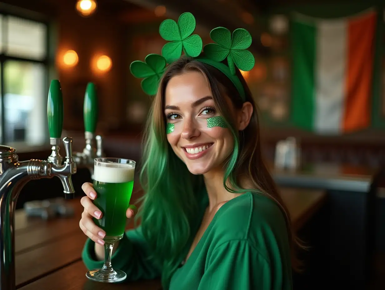 A happy woman wearing green clothing and accessories, with a green clover headband and a green face painted on her cheek, holding a tall glass filled with emerald drink, standing in a comfortable bar with an old-fashioned beer faucet, the Irish flag hanging on the background, soft green ambient lighting, wooden bar elements, ultra fine