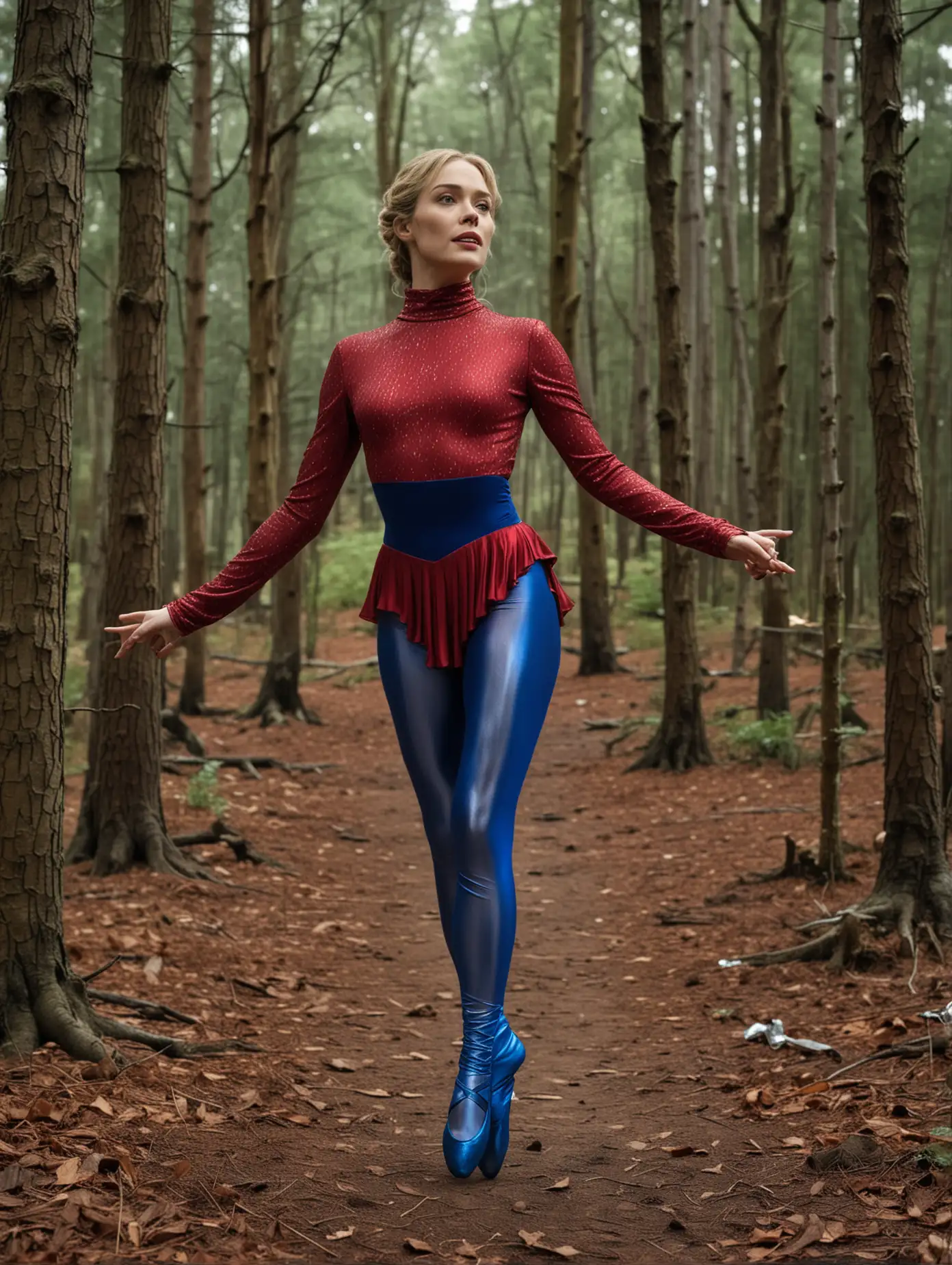 Cersei Lennister, in einem glänzenden roten Turtleneck Long Sleeve Dance Leotard with Skirt, blauen glänzenden leggings, mit silbernen Ballettschläppchen, zwischen zwei Bäumen gekreuzigt, im Wald