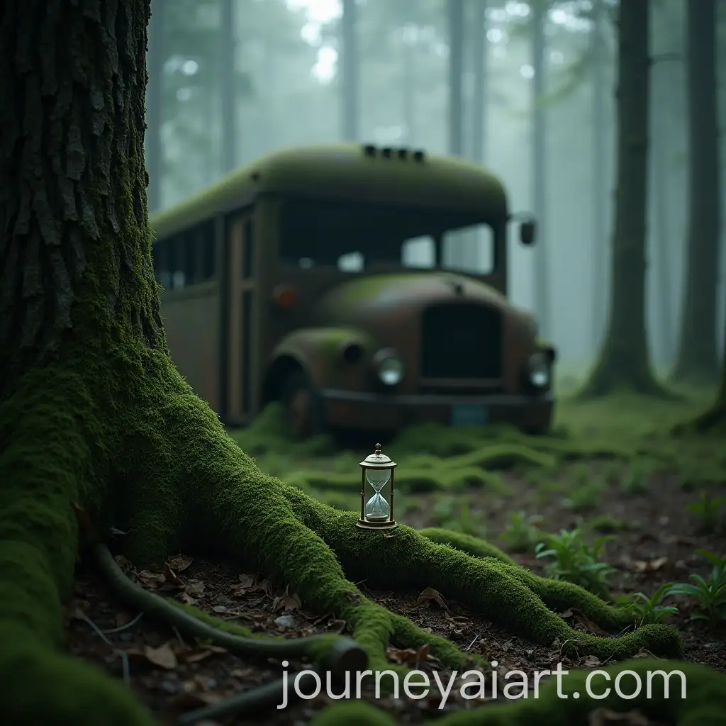 Abandoned-Rusted-Bus-in-MossCovered-Forest-with-Antique-Hourglass