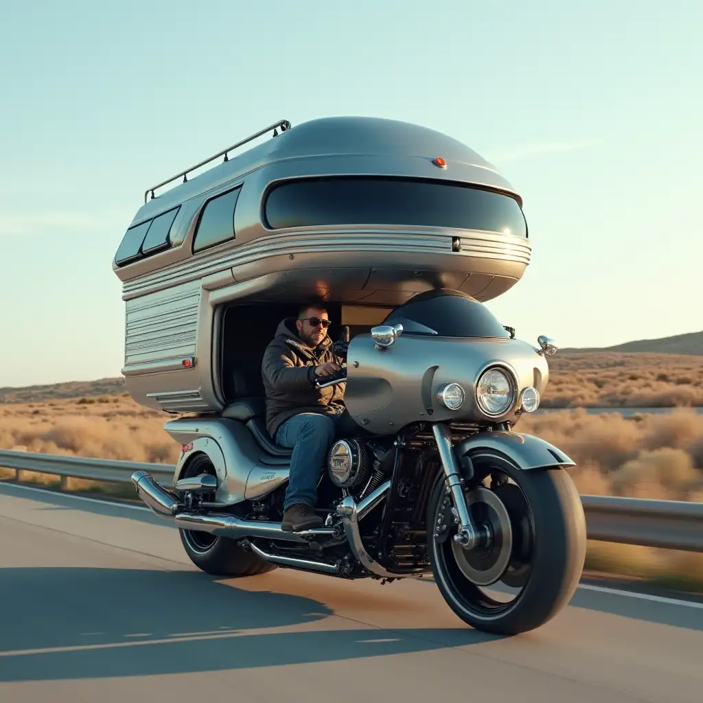 harley davidson motorcycle as a futuristic two-story RV on a highway. the rider is a 50-year old male