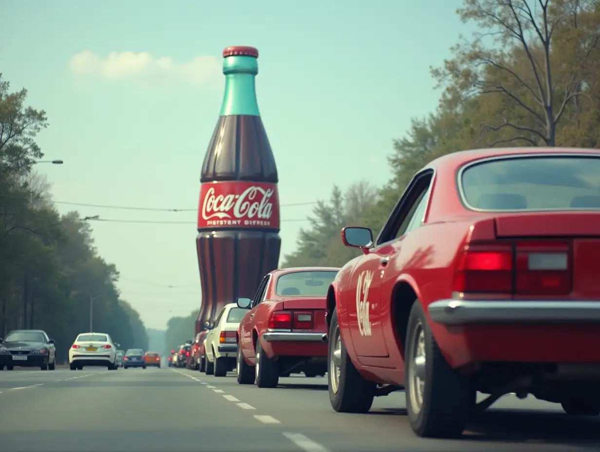 A line of cars stopped behind a giant bottle of Coca Cola