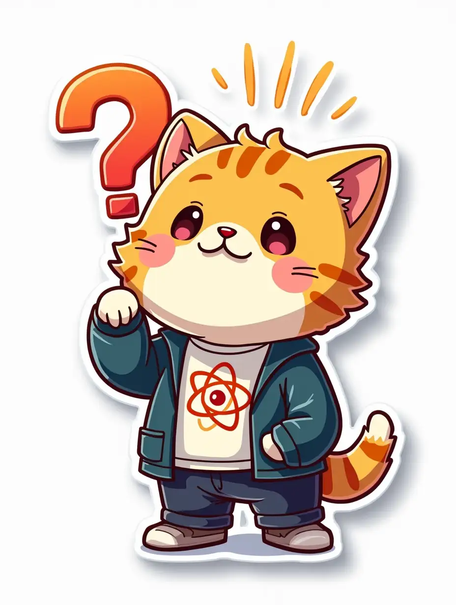 A curvilarly cut sticker depicting a kawaii positive fluffy little cat in office clothes with an atom symbol on t-shirt. The face and pose express the emotion of thoughtfulness, the large question mark symbol in the background emits a glow. Vibrant and dynamic die cut sticker design top-view, high resolution, vector art, white background, paint in anime style