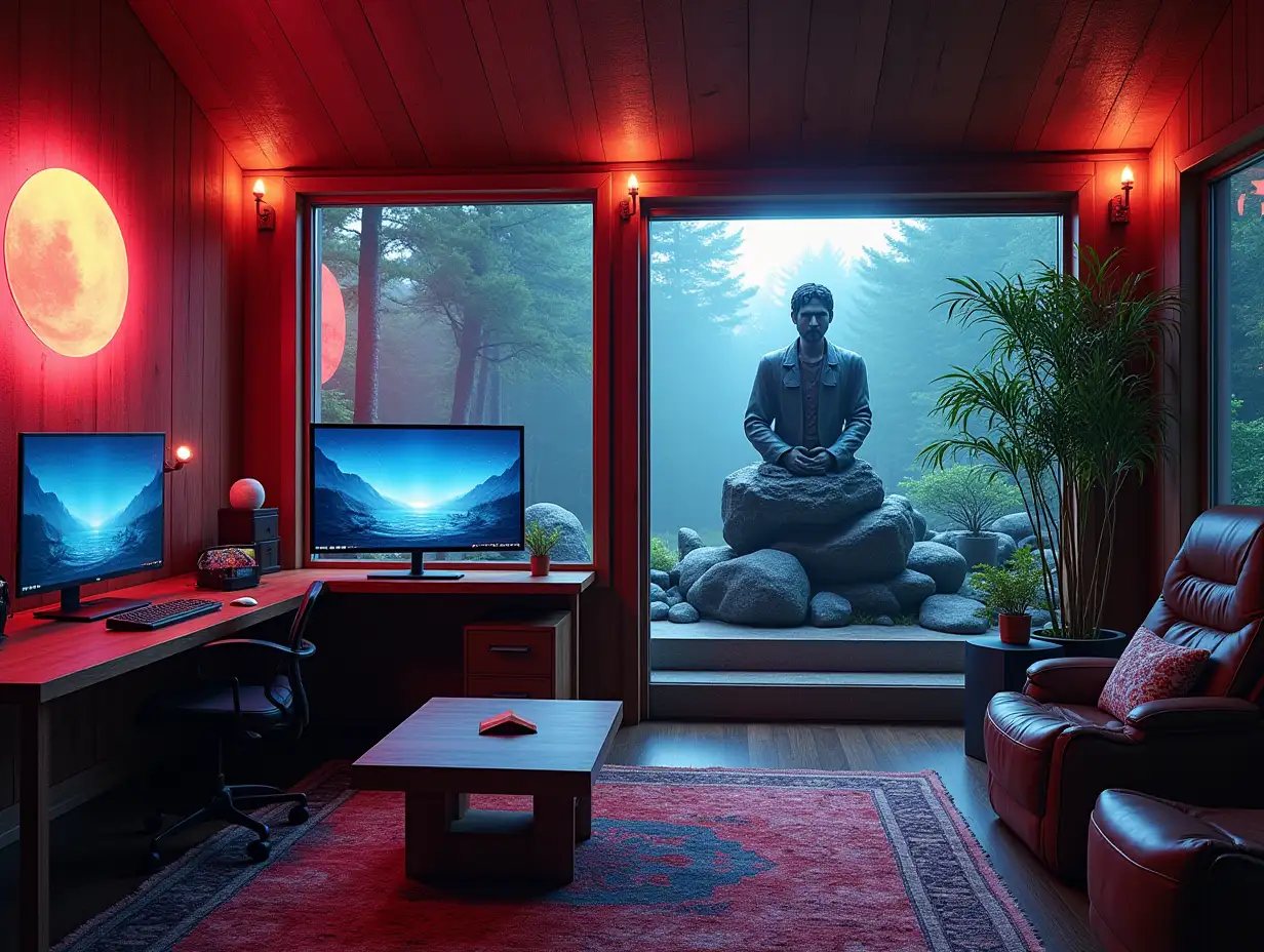 Gaming-Zimmer with three monitors, lighting with furniture with large Attack on Titan statue at the Zen-Garden with carefully tended rocks, a meditative 180 degree shots 8K resolution Vibrant