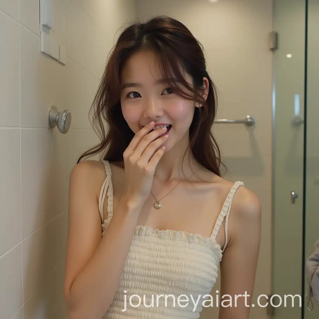 Cute-Asian-Girl-in-Bathroom-Carrying-Laundry-Blushing-and-Giggling
