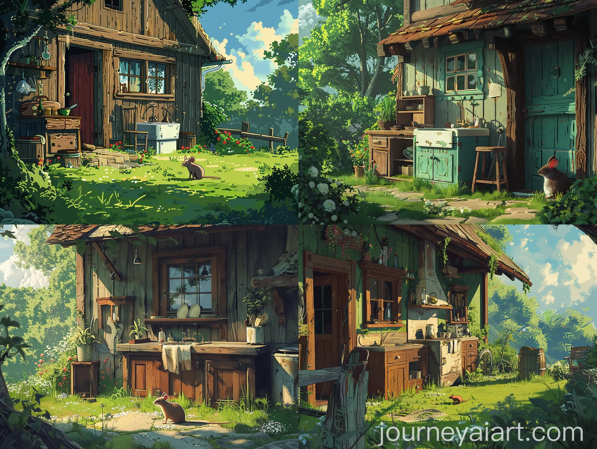Ghibli-Style-Abandoned-House-Interior-with-Old-Kitchen-and-Mouse