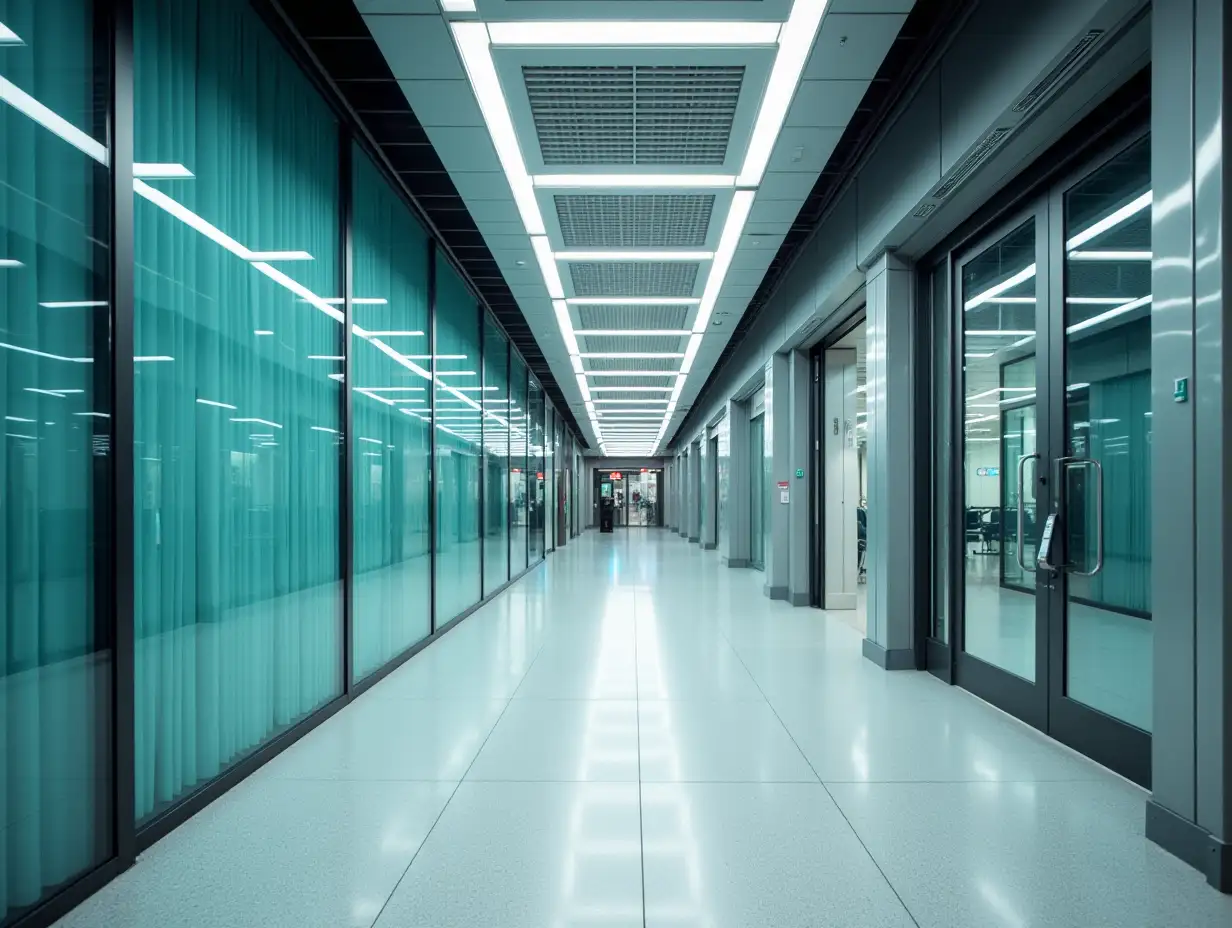 modern interior airport in gray, white, black, small turquoise colors, geometric straight panels on the walls, grilles on the ceiling, LED lamps of luminous, glass doors, 3/4 angle, bright lighting