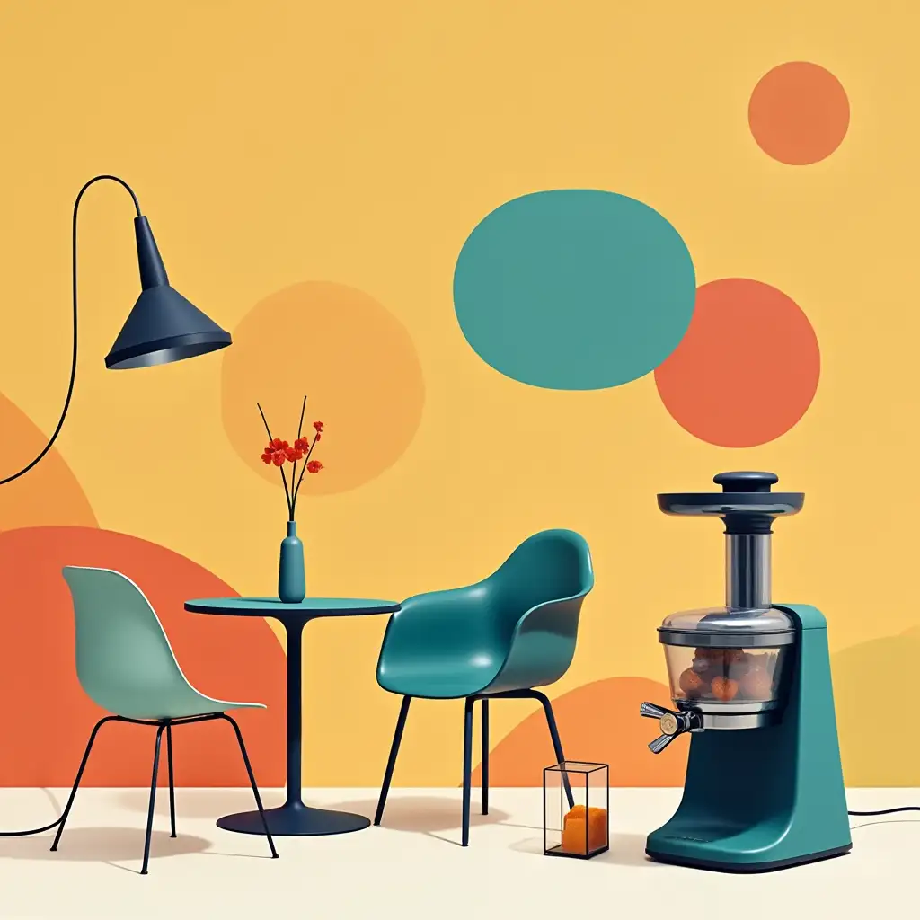 Vibrant Illustration of Modern Design Items Featuring Artemide Lamps and Kartell Chairs