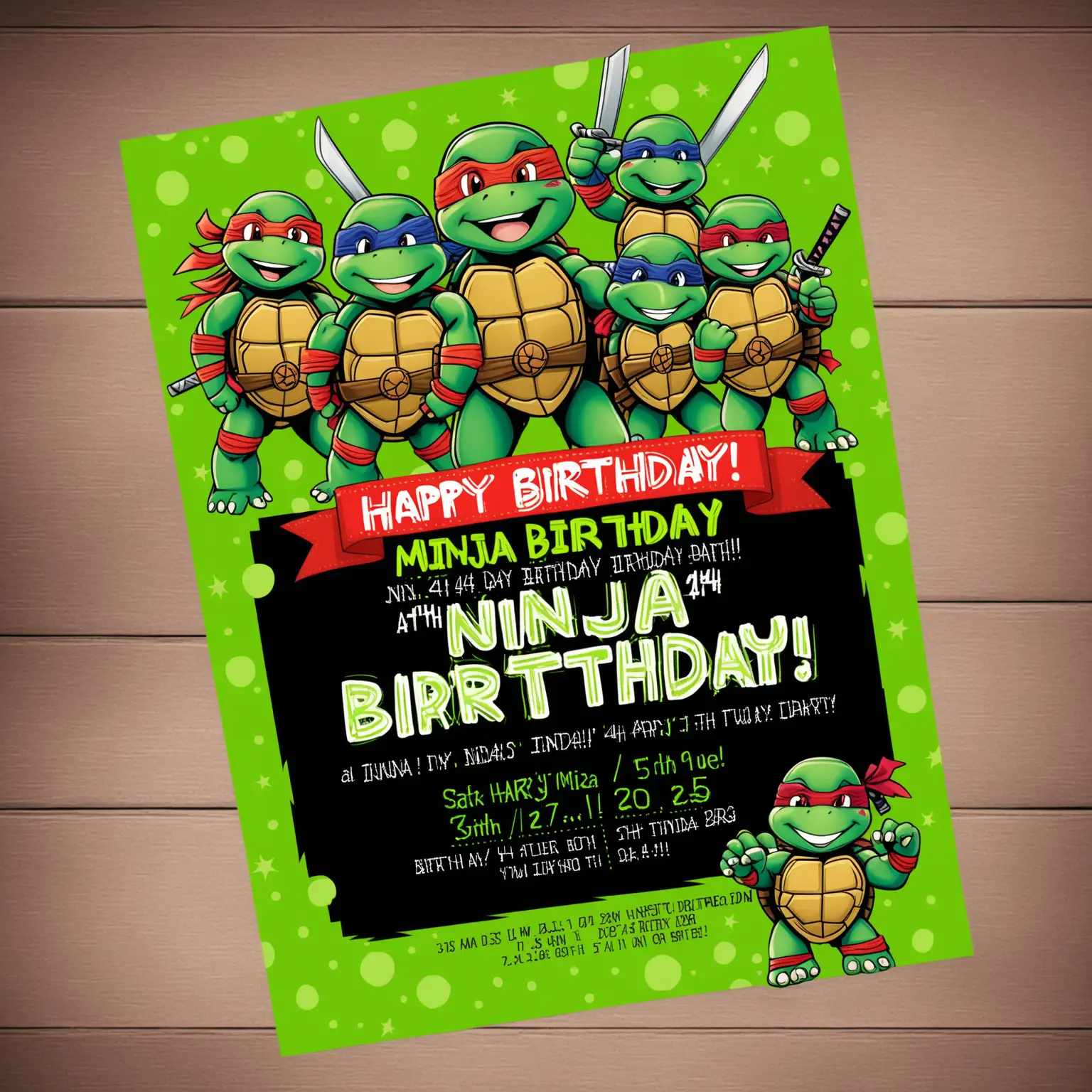 Colorful Ninja Turtle Birthday Invitation for 4th Party