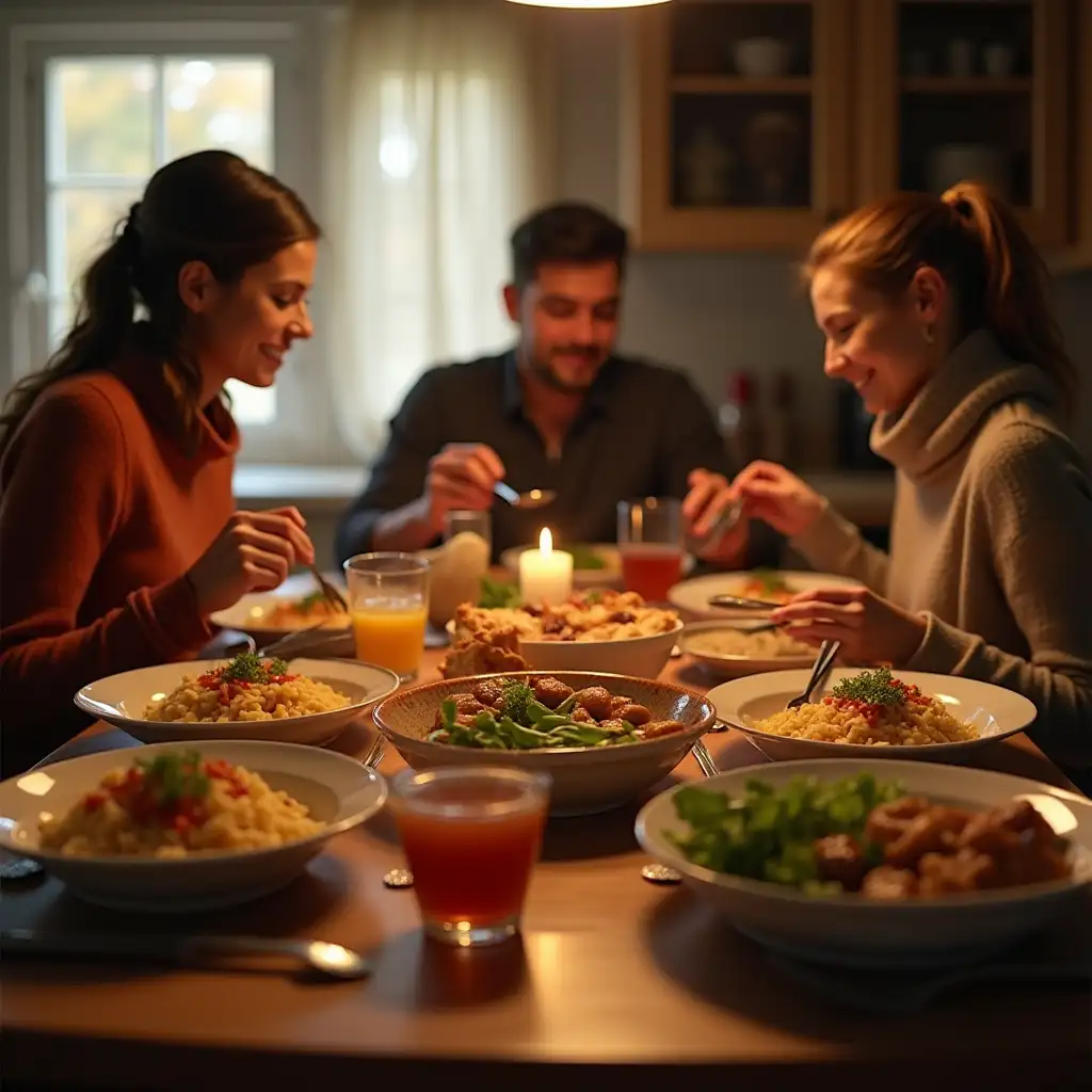 Create a warm, inviting scene of a family meal at home. The table is filled with delicious ready-made dishes, including soups, salads, bread, and main courses. Despite an emergency situation outside, the atmosphere inside is calm and comforting. The image should include a message in text: 'Ready meals delivered on time, even during emergencies. Stay safe, we'll take care of the food.'