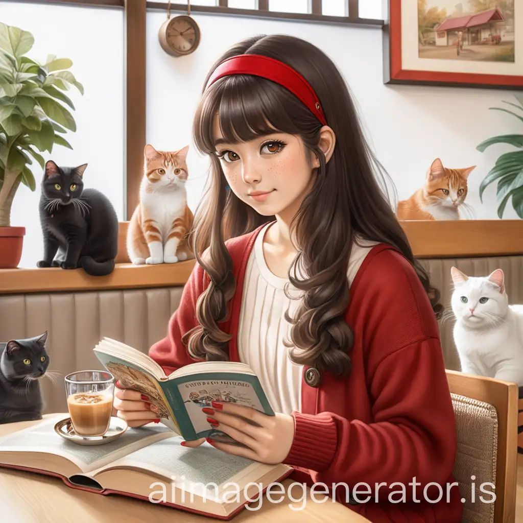 Young-Woman-Enjoying-Iced-Caramel-Macchiato-at-Japanese-Cat-Cafe-with-Cats-and-Vintage-Camera