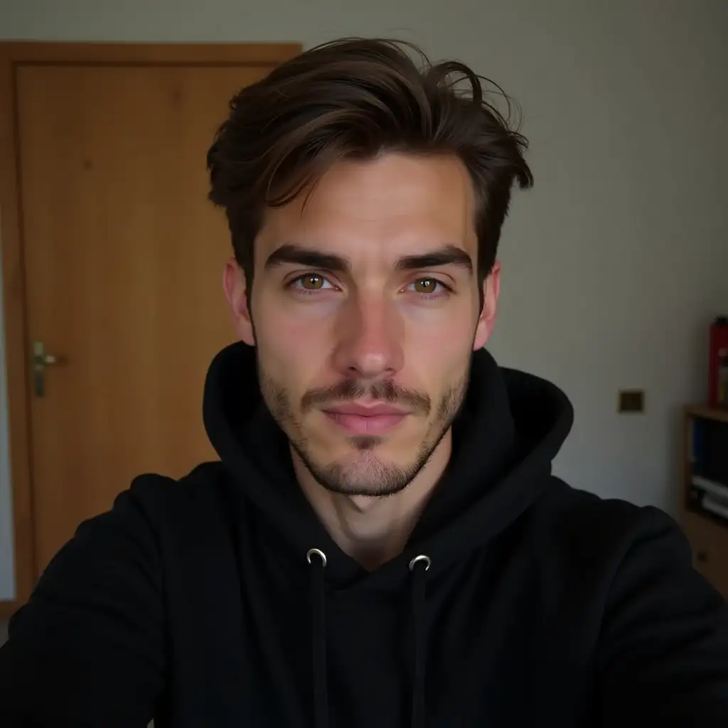 A brunette guy in a black hoodie takes a selfie at home