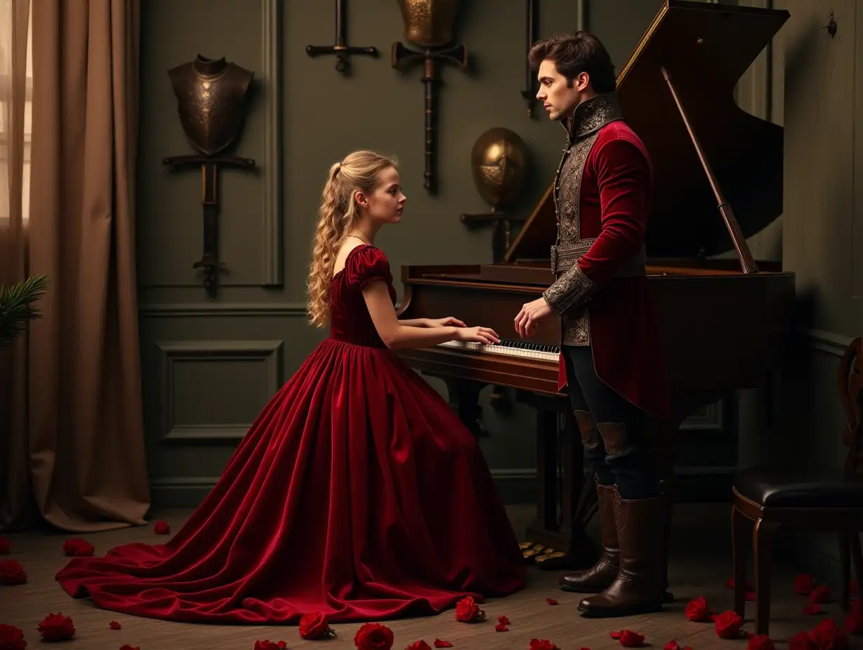 A Slavic girl in a red velvet dress is sitting by the piano and playing it. A Slavic guy in a tailcoat is standing next to her, looking at the girl. The girl looks longingly at the boy. The boy dreams of having sex with the girl. There are roses around. Armors and swords are hanging on the walls.