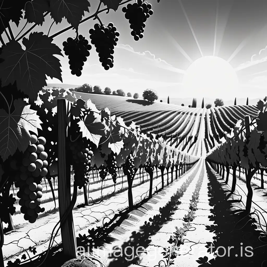 Vineyard-Landscape-with-Grapevines-in-Sunlight-Black-and-White-Illustration