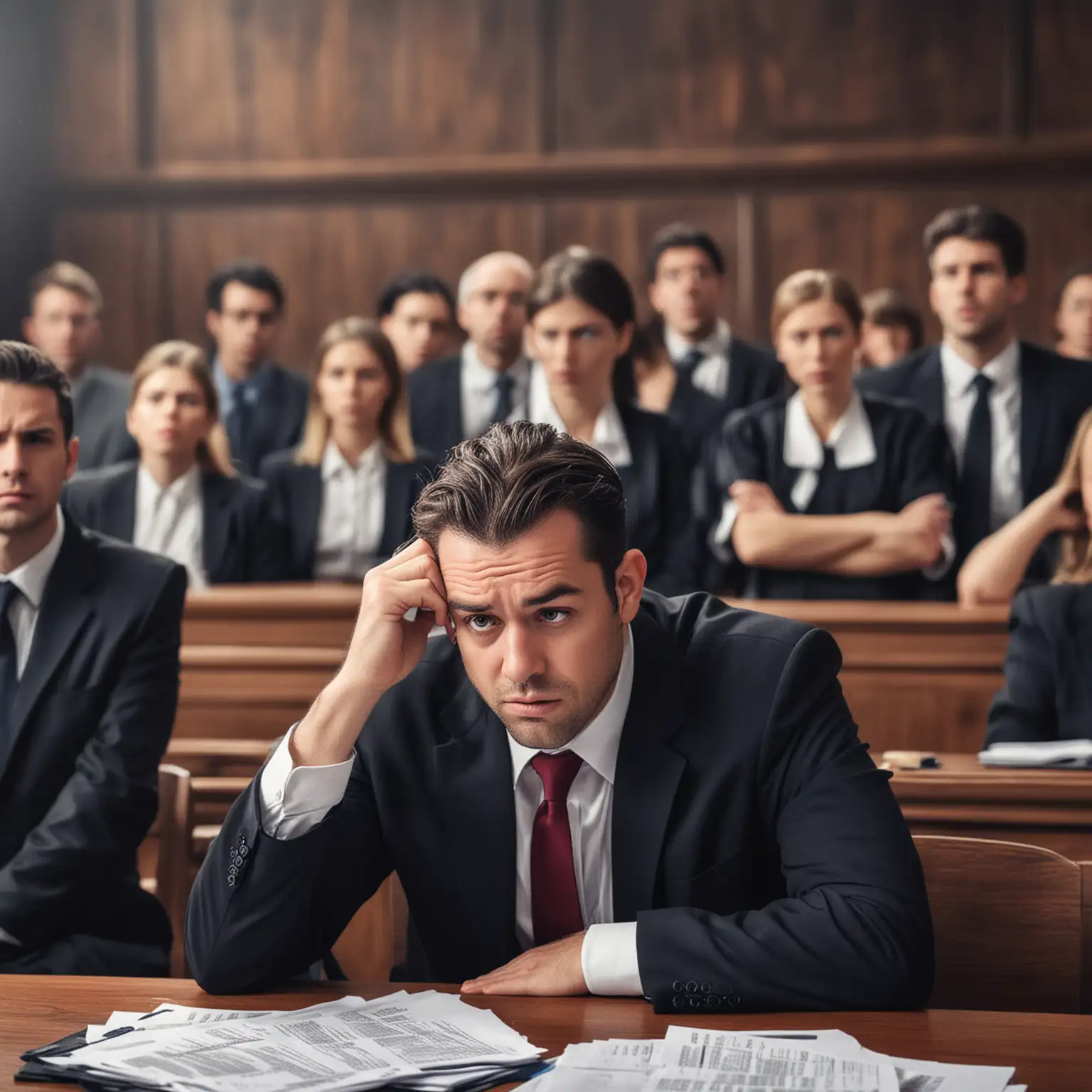 completely overworked lawyer in court who hates his job and is exhausted with hundreds of desperate looking clients in the background