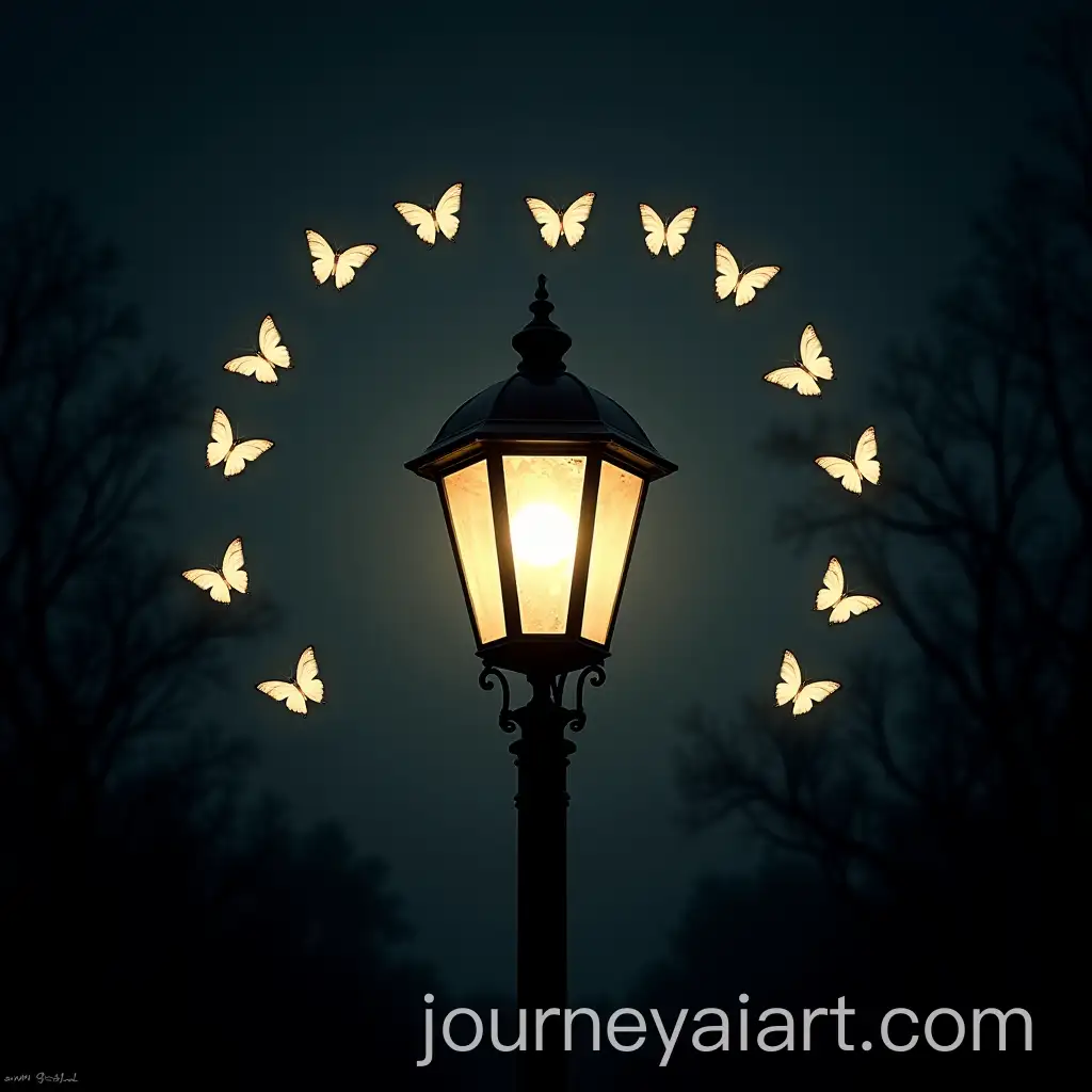 Black-Butterflies-and-White-Moths-Circling-an-Old-Street-Lamp-at-Night