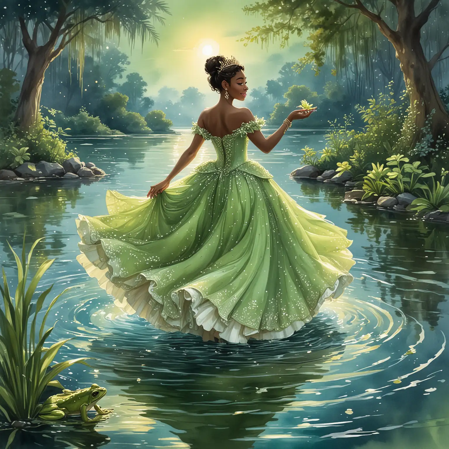 Princess Tiana from New Orleans dancing with a human-like Frog Prince by the water under the moonlight, Tiana in a beautiful green gown and the Frog Prince in a princely outfit, the scene reflecting in the water, Illustration, watercolor painting with soft, delicate strokes, --ar 16:9 --v 5