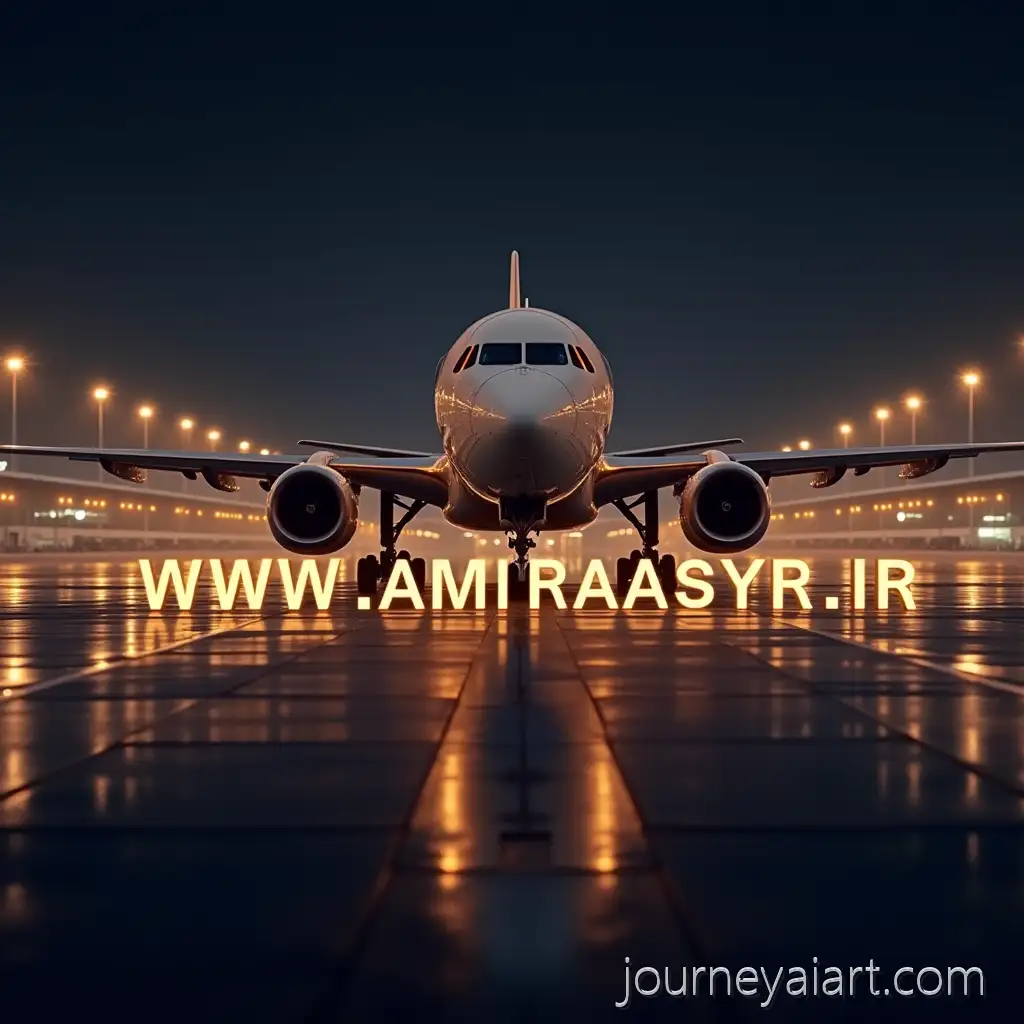 Realistic-3D-Luxury-Airplane-on-Glossy-RunwayLuxury-airplane-runway-scene-at-Night-with-Glowing-Golden-Lights