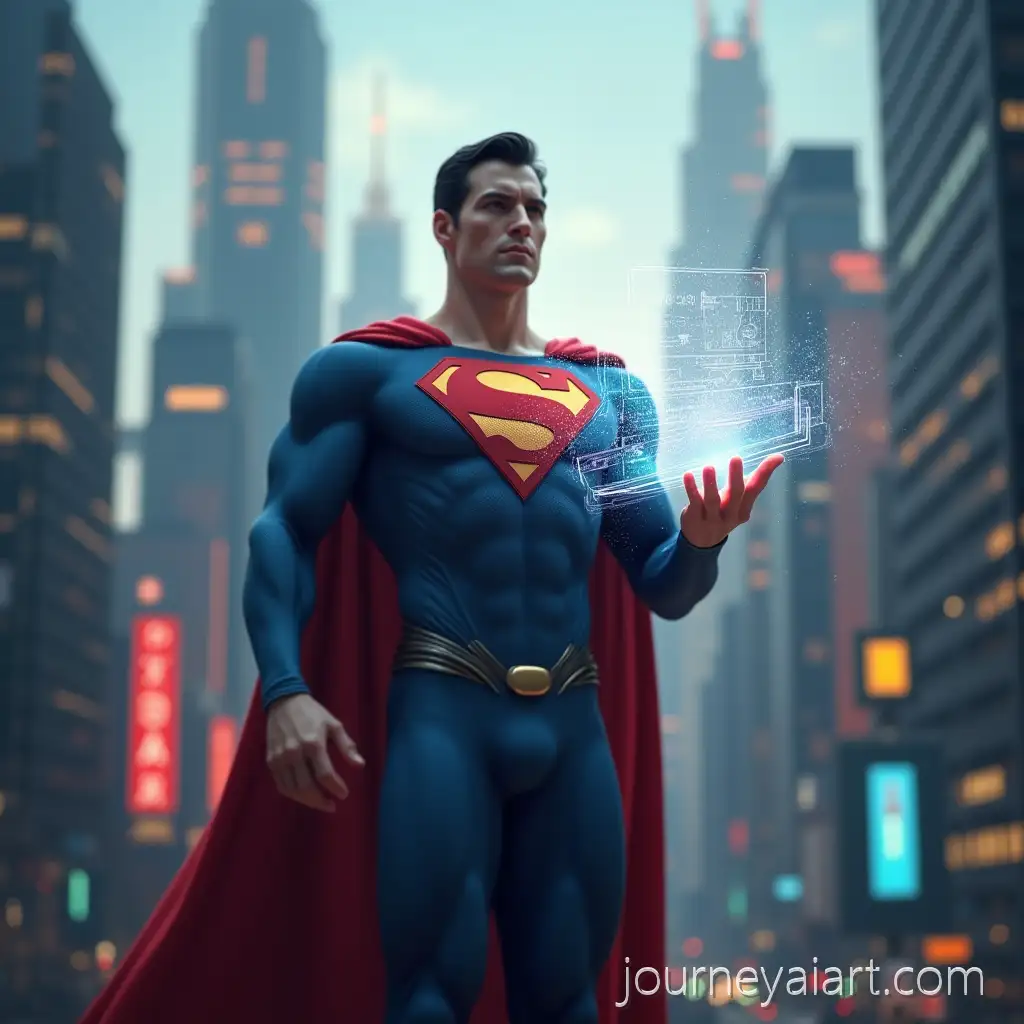 Superman-Hovering-in-Futuristic-City-Holding-Motivational-Hologram