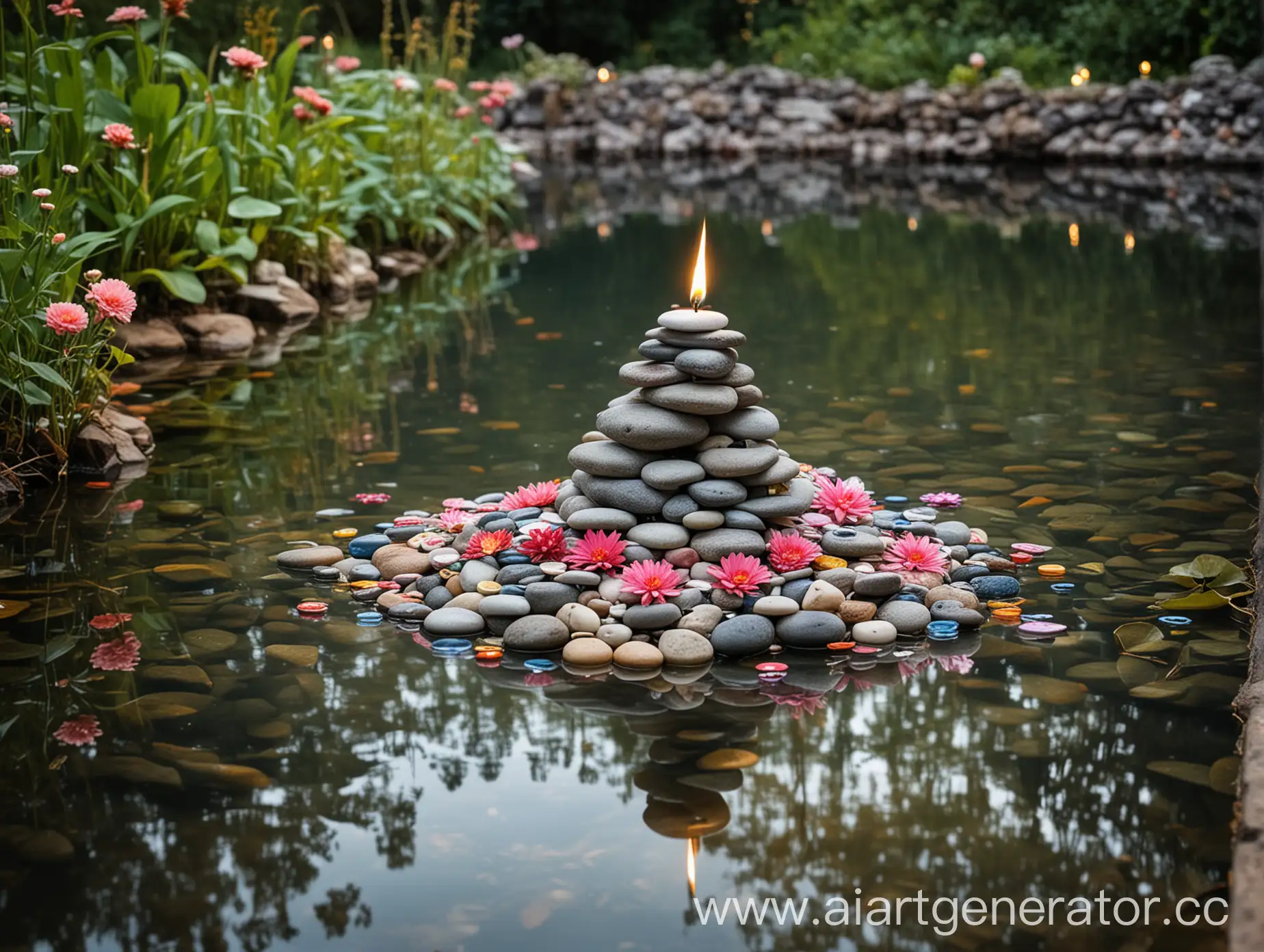 Pyramid-Stack-of-Stones-in-Park-with-Flower-Buttons-and-Candles